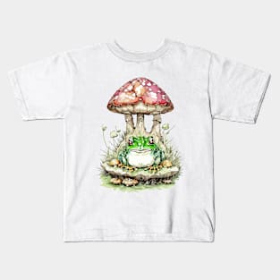 Watercolor Cottagecore Mushroom frog Kids T-Shirt